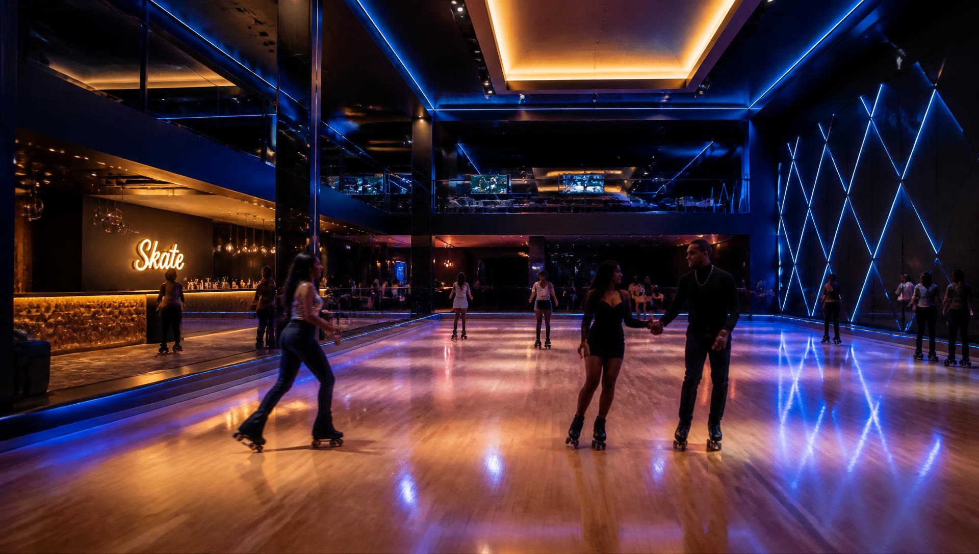 Skaters gliding across a polished rink under blue and gold LED lighting at The Skate Lounge